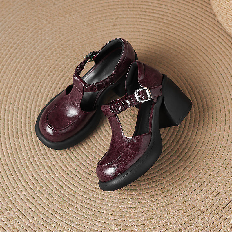 Vintage Ruched T-Strap Mary Jane Heels 80mm Chunky Platform Block Heel Sandals in Wine Red/Black