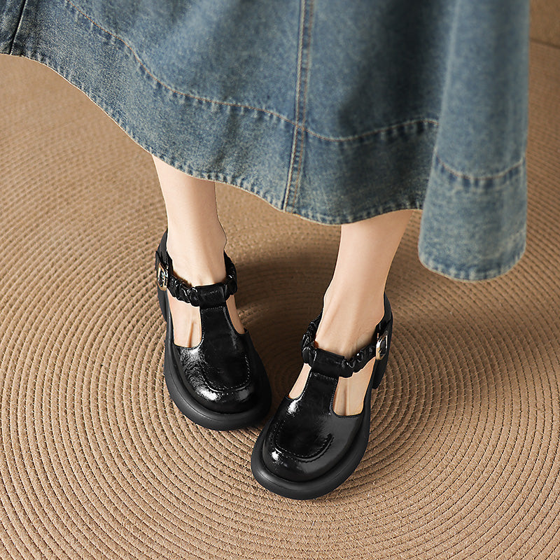 Vintage Ruched T-Strap Mary Jane Heels 80mm Chunky Platform Block Heel Sandals in Wine Red/Black
