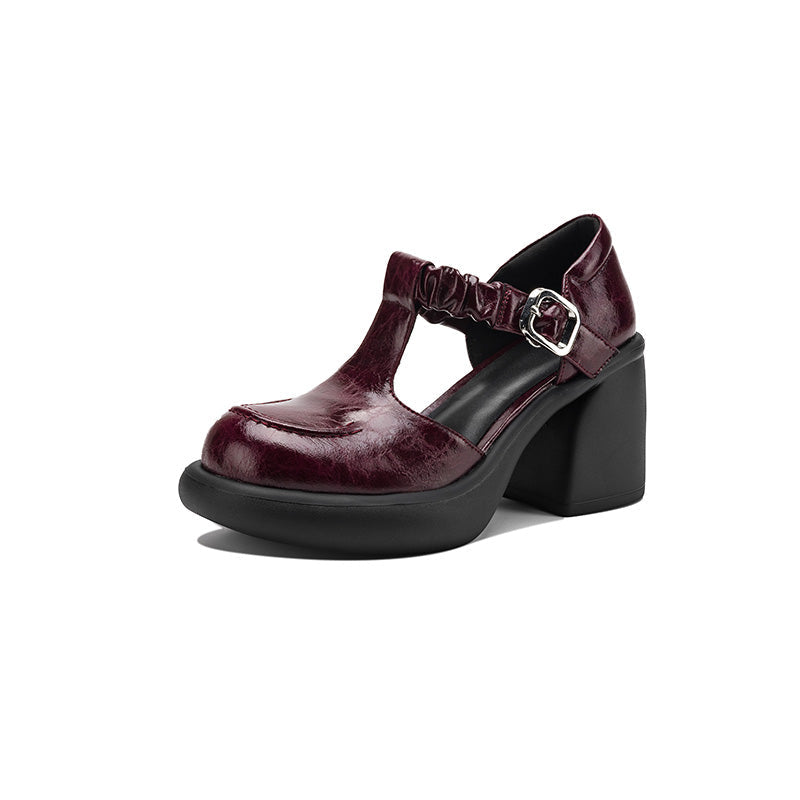 Vintage Ruched T-Strap Mary Jane Heels 80mm Chunky Platform Block Heel Sandals in Wine Red/Black