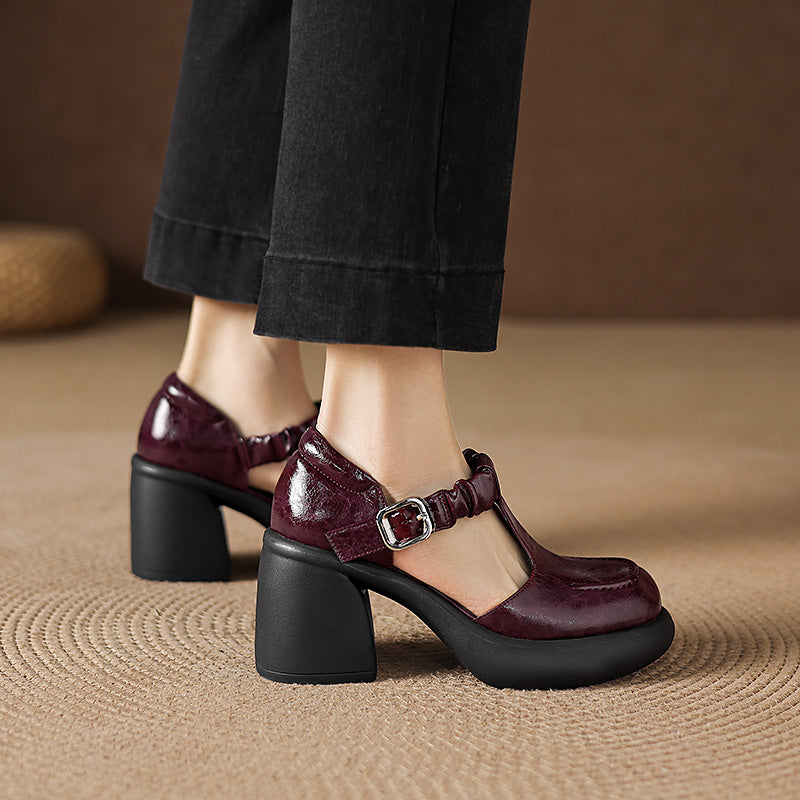 Vintage Ruched T-Strap Mary Jane Heels 80mm Chunky Platform Block Heel Sandals in Wine Red/Black