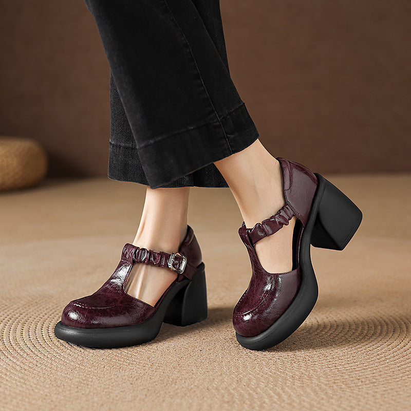 Vintage Ruched T-Strap Mary Jane Heels 80mm Chunky Platform Block Heel Sandals in Wine Red/Black