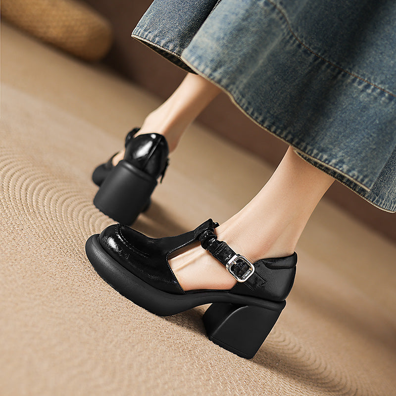 Vintage Ruched T-Strap Mary Jane Heels 80mm Chunky Platform Block Heel Sandals in Wine Red/Black