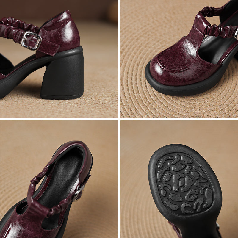 Vintage Ruched T-Strap Mary Jane Heels 80mm Chunky Platform Block Heel Sandals in Wine Red/Black