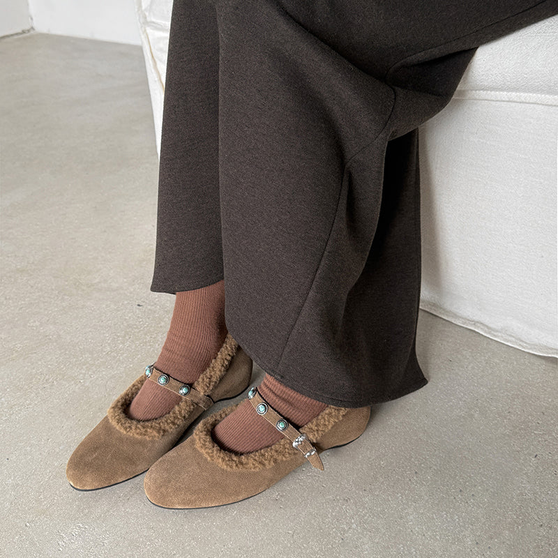 Vintage Shaggy Suede Mary Jane Shoes with Studded Strap and Hidden Wedge in Khaki/Brown