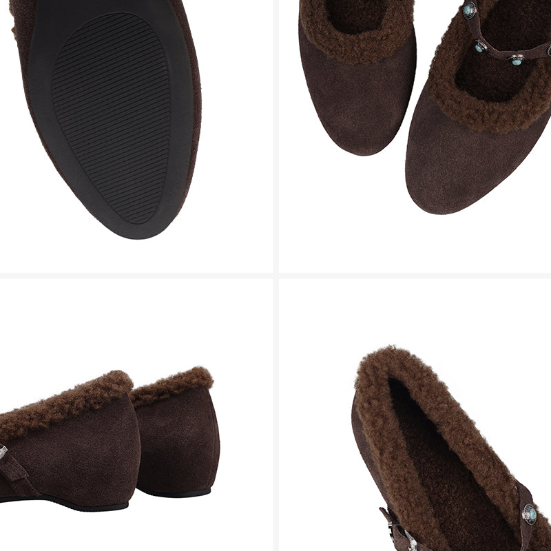 Vintage Shaggy Suede Mary Jane Shoes with Studded Strap and Hidden Wedge in Khaki/Brown