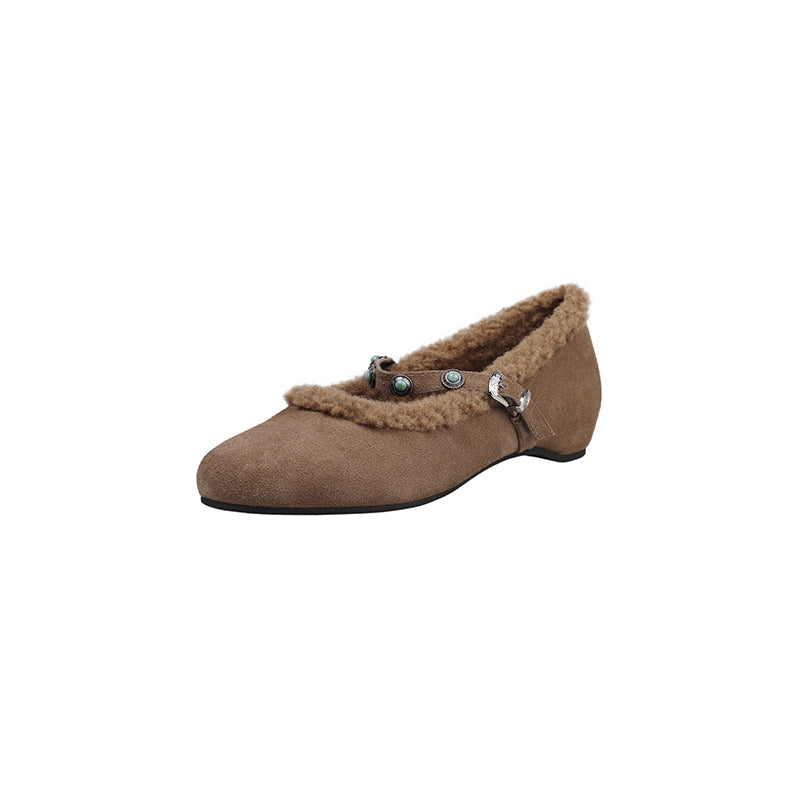 Vintage Shaggy Suede Mary Jane Shoes with Studded Strap and Hidden Wedge in Khaki/Brown