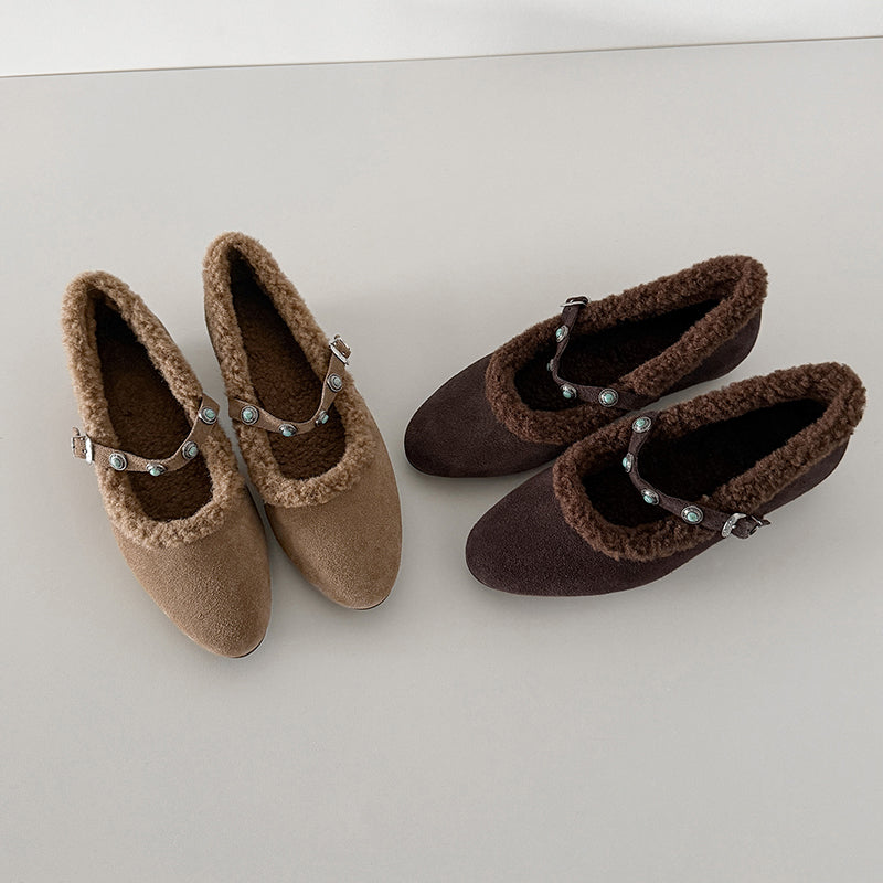 Vintage Shaggy Suede Mary Jane Shoes with Studded Strap and Hidden Wedge in Khaki/Brown