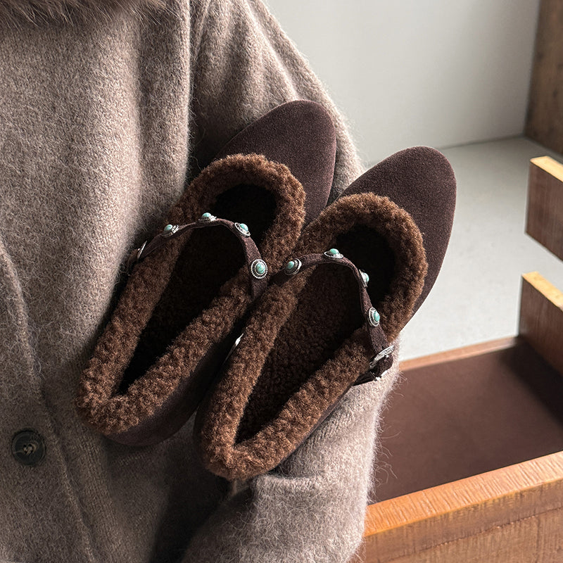 Vintage Shaggy Suede Mary Jane Shoes with Studded Strap and Hidden Wedge in Khaki/Brown