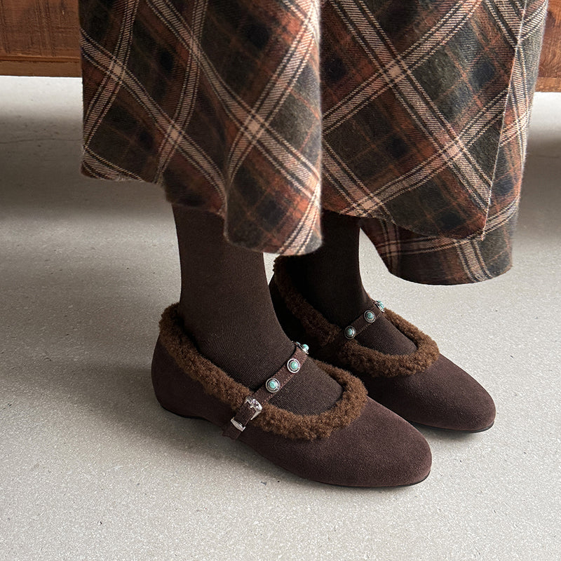 Vintage Shaggy Suede Mary Jane Shoes with Studded Strap and Hidden Wedge in Khaki/Brown