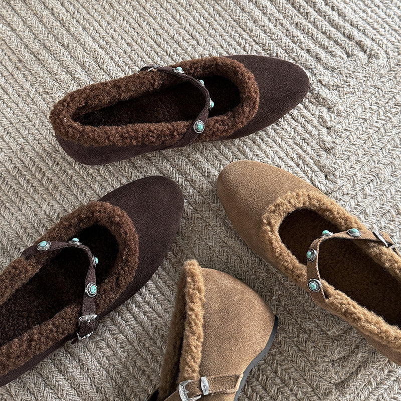 Vintage Shaggy Suede Mary Jane Shoes with Studded Strap and Hidden Wedge in Khaki/Brown