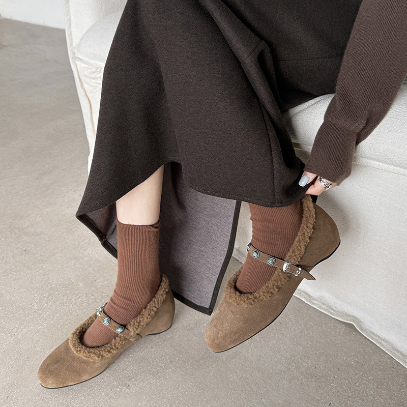 Vintage Shaggy Suede Mary Jane Shoes with Studded Strap and Hidden Wedge in Khaki/Brown