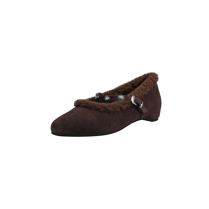 Vintage Shaggy Suede Mary Jane Shoes with Studded Strap and Hidden Wedge in Khaki/Brown