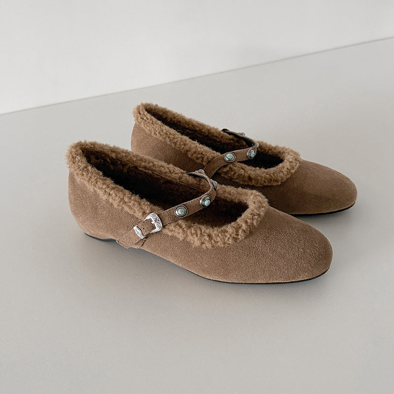 Vintage Shaggy Suede Mary Jane Shoes with Studded Strap and Hidden Wedge in Khaki/Brown