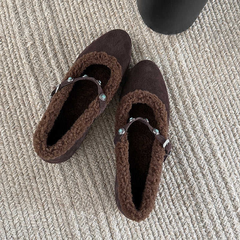 Vintage Shaggy Suede Mary Jane Shoes with Studded Strap and Hidden Wedge in Khaki/Brown