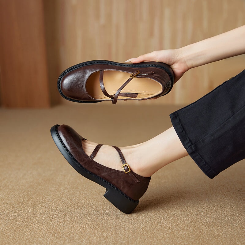 Vintage Sheepskin Leather Mary Jane Flats with Instep Strap Detail in Black/Brown