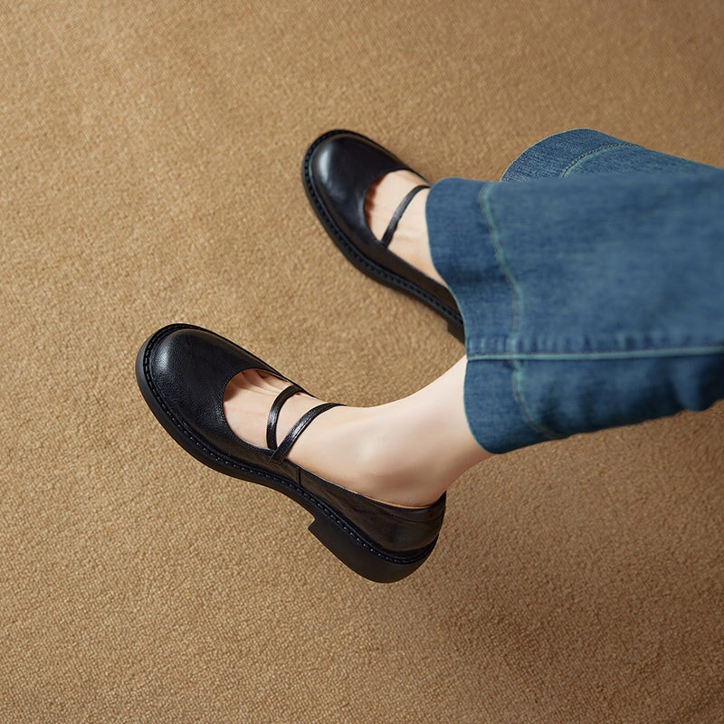 Vintage Sheepskin Leather Mary Jane Flats with Instep Strap Detail in Black/Brown