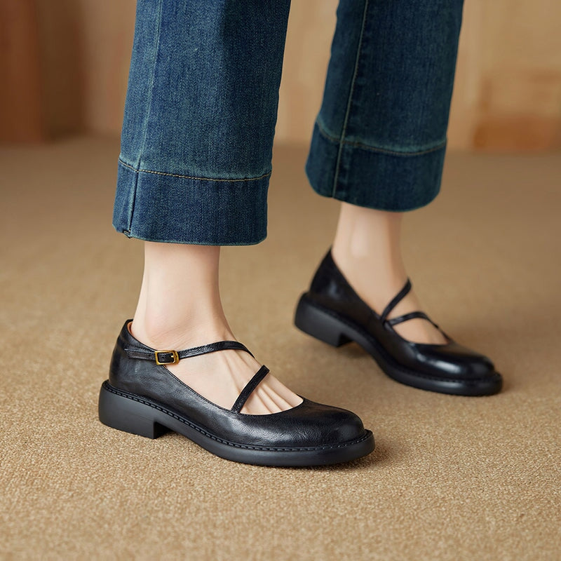 Vintage Sheepskin Leather Mary Jane Flats with Instep Strap Detail in Black/Brown