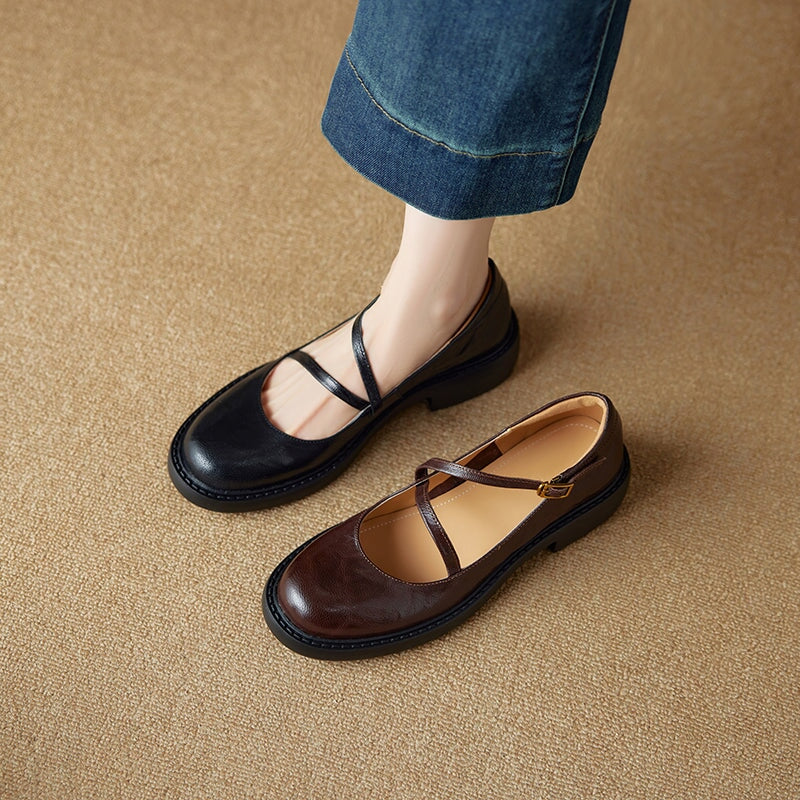Vintage Sheepskin Leather Mary Jane Flats with Instep Strap Detail in Black/Brown