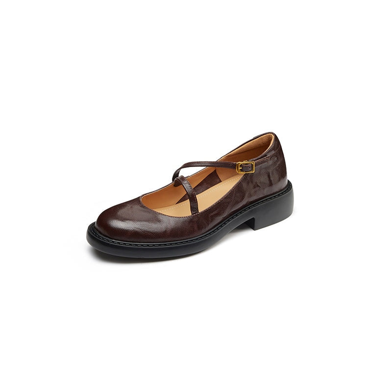 Vintage Sheepskin Leather Mary Jane Flats with Instep Strap Detail in Black/Brown