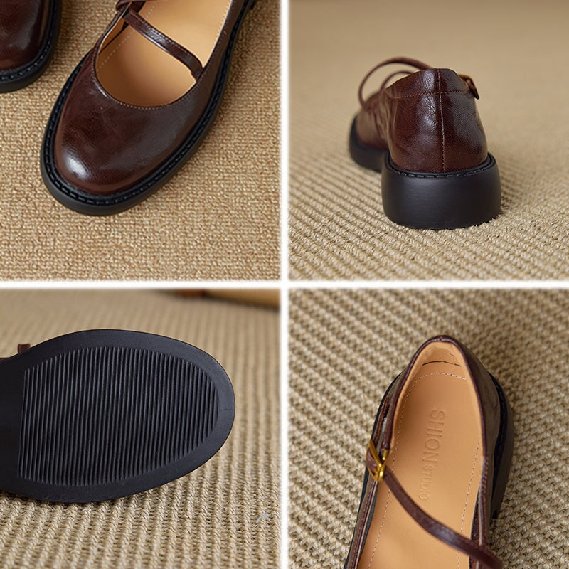 Vintage Sheepskin Leather Mary Jane Flats with Instep Strap Detail in Black/Brown