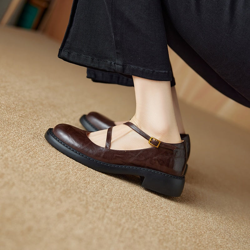 Vintage Sheepskin Leather Mary Jane Flats with Instep Strap Detail in Black/Brown