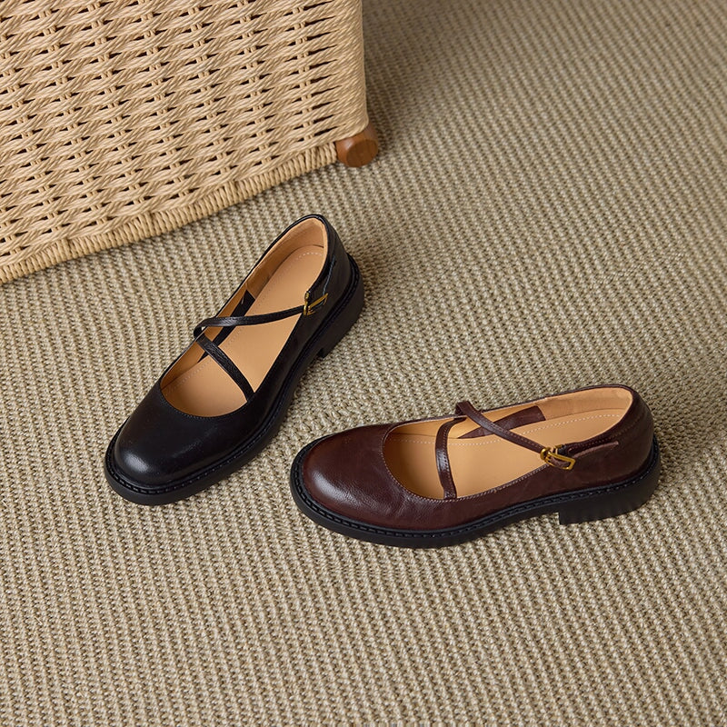 Vintage Sheepskin Leather Mary Jane Flats with Instep Strap Detail in Black/Brown