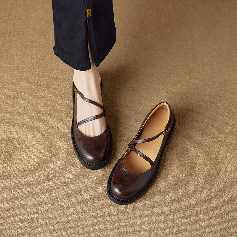 Vintage Sheepskin Leather Mary Jane Flats with Instep Strap Detail in Black/Brown