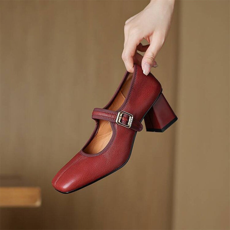 Vintage Sheepskin Square Toe 60mm Block Heel Mary Jane in Black/Wine Red
