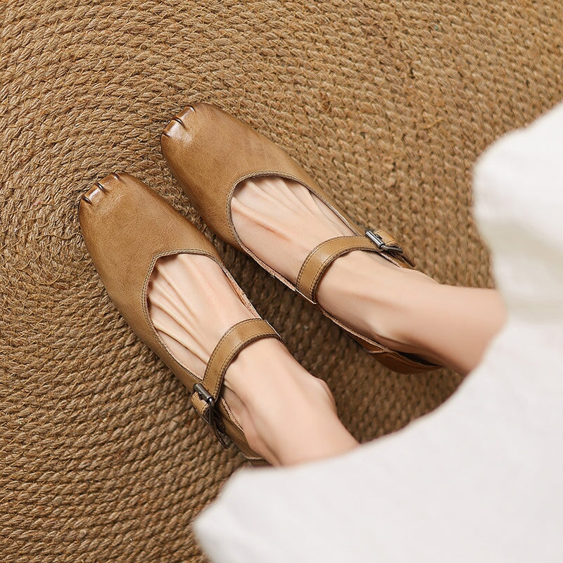 Vintage Square Toe 60mm Cow Leather Mary Jane Pumps in Brown/Red/Black/Khaki