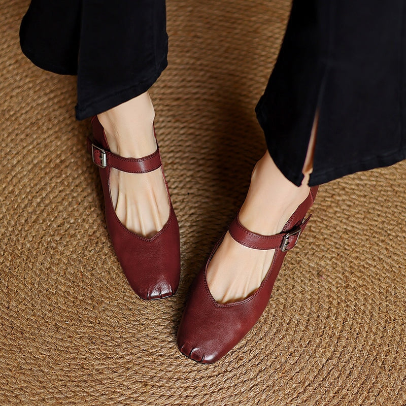Vintage Square Toe 60mm Cow Leather Mary Jane Pumps in Brown/Red/Black/Khaki