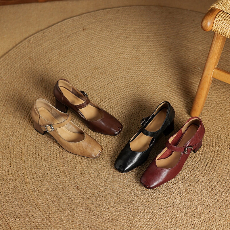 Vintage Square Toe 60mm Cow Leather Mary Jane Pumps in Brown/Red/Black/Khaki