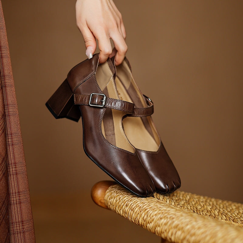 Vintage Square Toe 60mm Cow Leather Mary Jane Pumps in Brown/Red/Black/Khaki