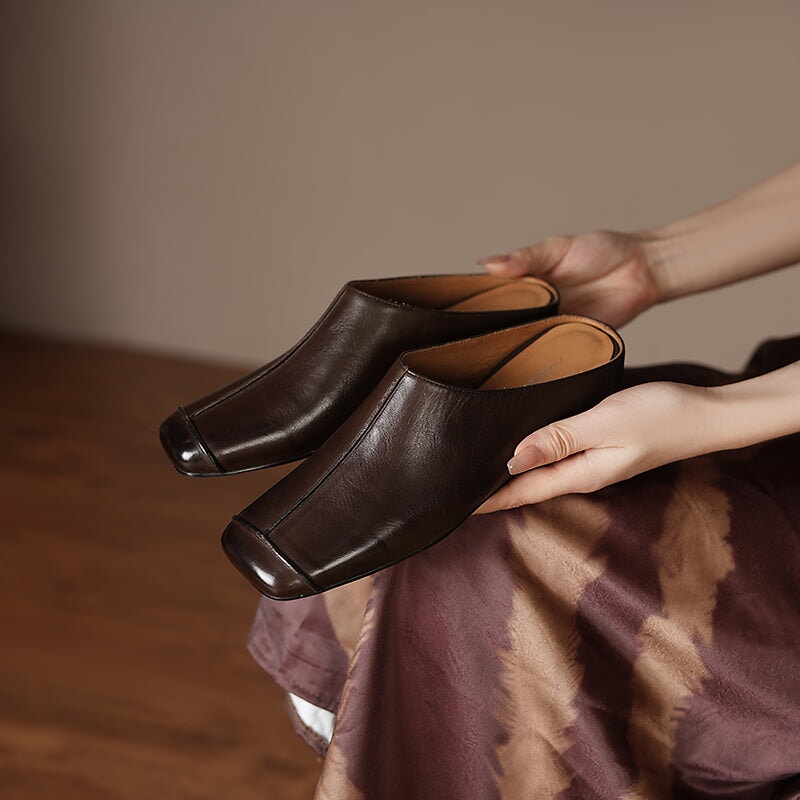 Vintage Square Toe Mule Flats Leather Slip-On Slippers with Hidden Lift in Black/Coffee/Yellow Brown