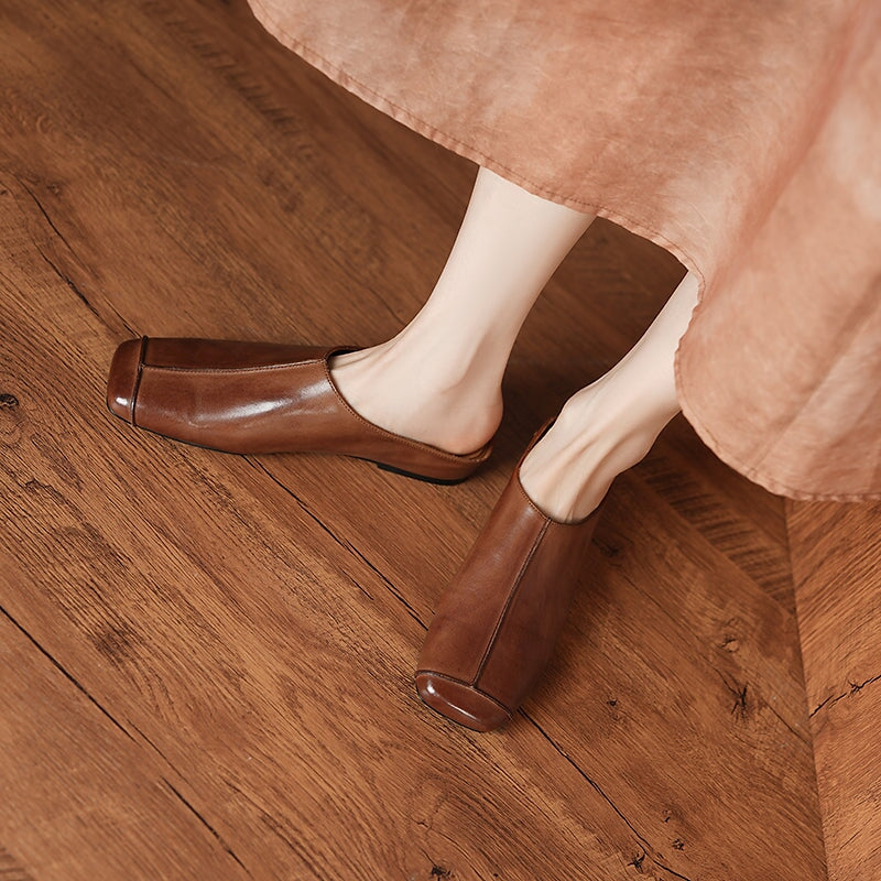 Vintage Square Toe Mule Flats Leather Slip-On Slippers with Hidden Lift in Black/Coffee/Yellow Brown