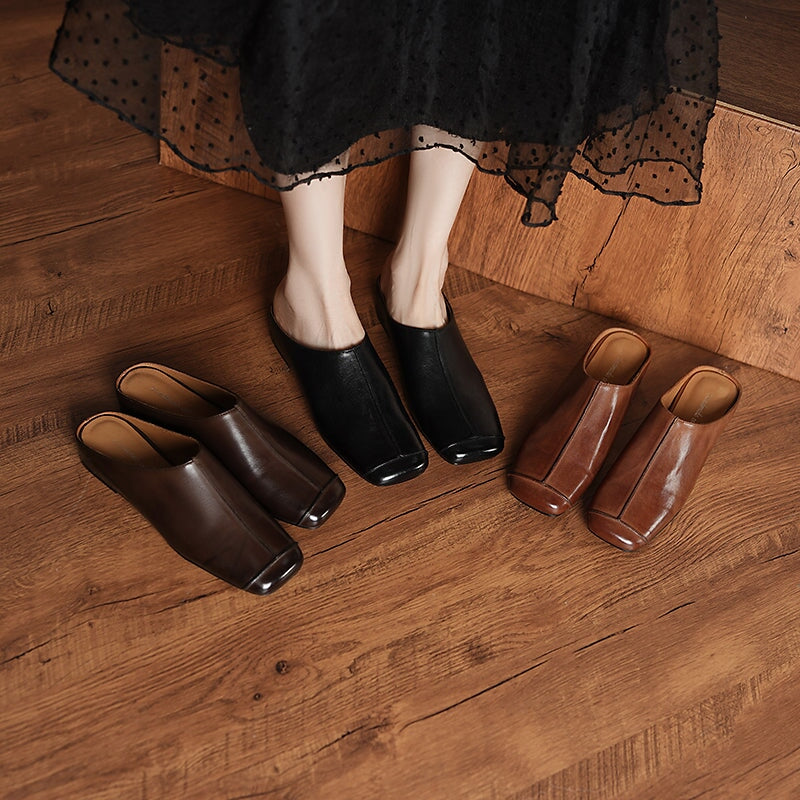 Vintage Square Toe Mule Flats Leather Slip-On Slippers with Hidden Lift in Black/Coffee/Yellow Brown