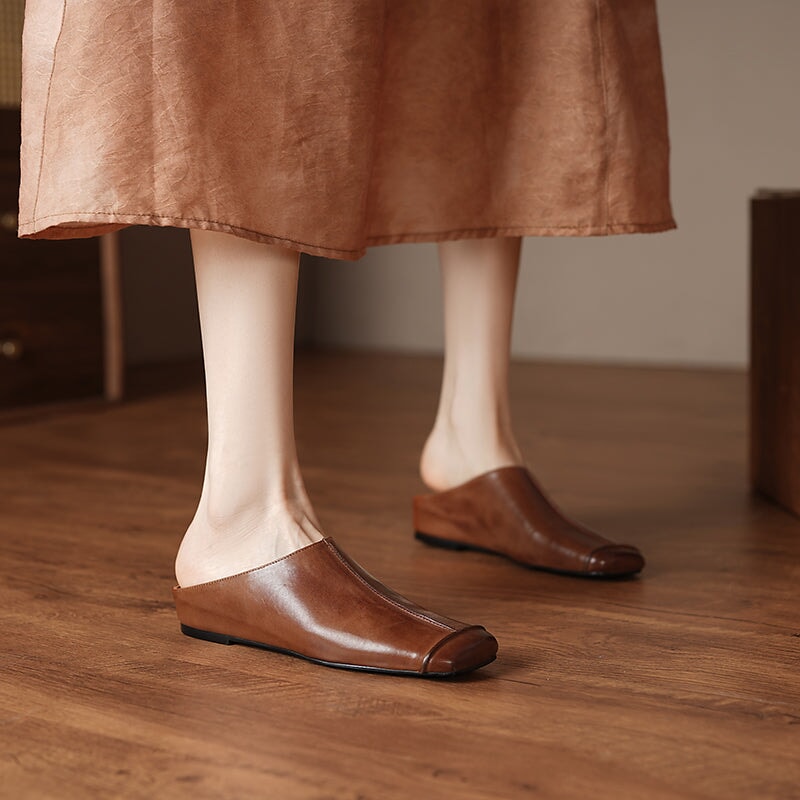 Vintage Square Toe Mule Flats Leather Slip-On Slippers with Hidden Lift in Black/Coffee/Yellow Brown