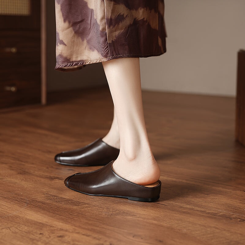 Vintage Square Toe Mule Flats Leather Slip-On Slippers with Hidden Lift in Black/Coffee/Yellow Brown