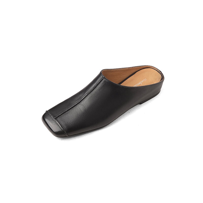 Vintage Square Toe Mule Flats Leather Slip-On Slippers with Hidden Lift in Black/Coffee/Yellow Brown