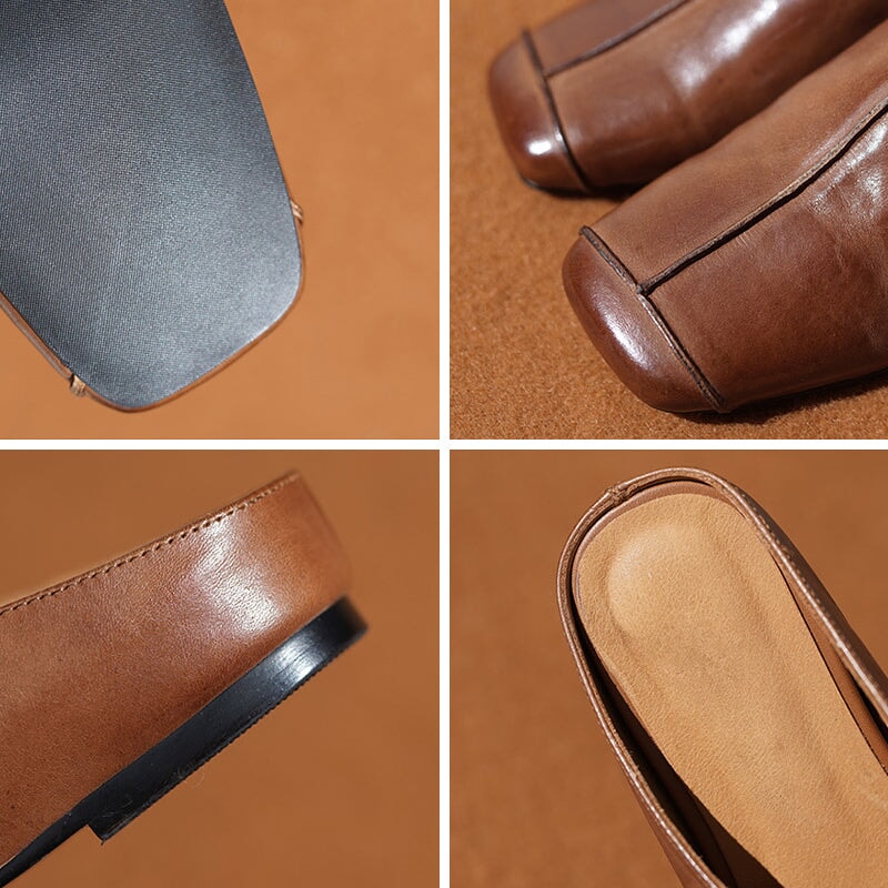 Vintage Square Toe Mule Flats Leather Slip-On Slippers with Hidden Lift in Black/Coffee/Yellow Brown