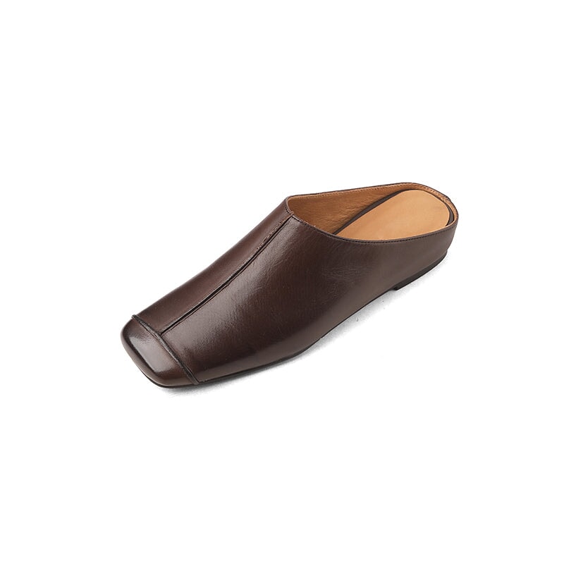 Vintage Square Toe Mule Flats Leather Slip-On Slippers with Hidden Lift in Black/Coffee/Yellow Brown