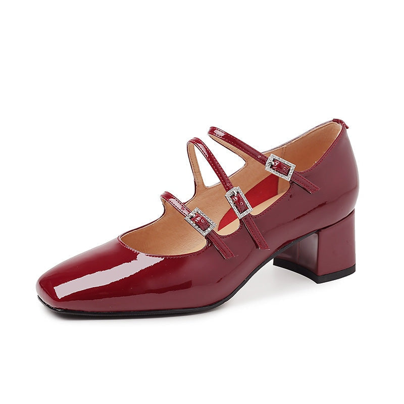 Vintage Square Toe Triple-Strap Patent Leather Mary Jane Heels for Women in Red/Black/Silver