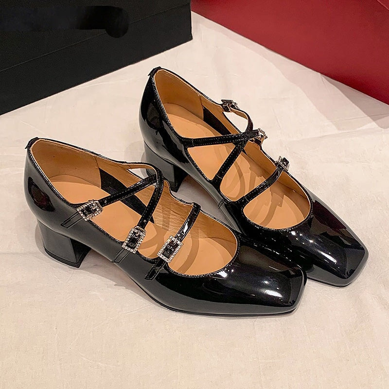 Vintage Square Toe Triple-Strap Patent Leather Mary Jane Heels for Women in Red/Black/Silver