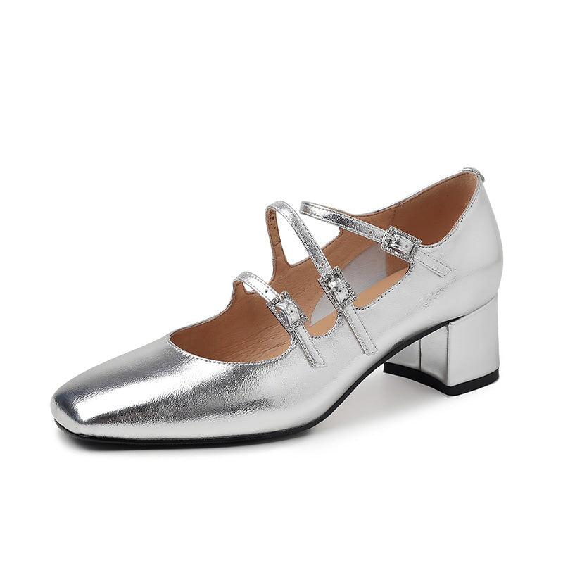 Vintage Square Toe Triple-Strap Patent Leather Mary Jane Heels for Women in Red/Black/Silver