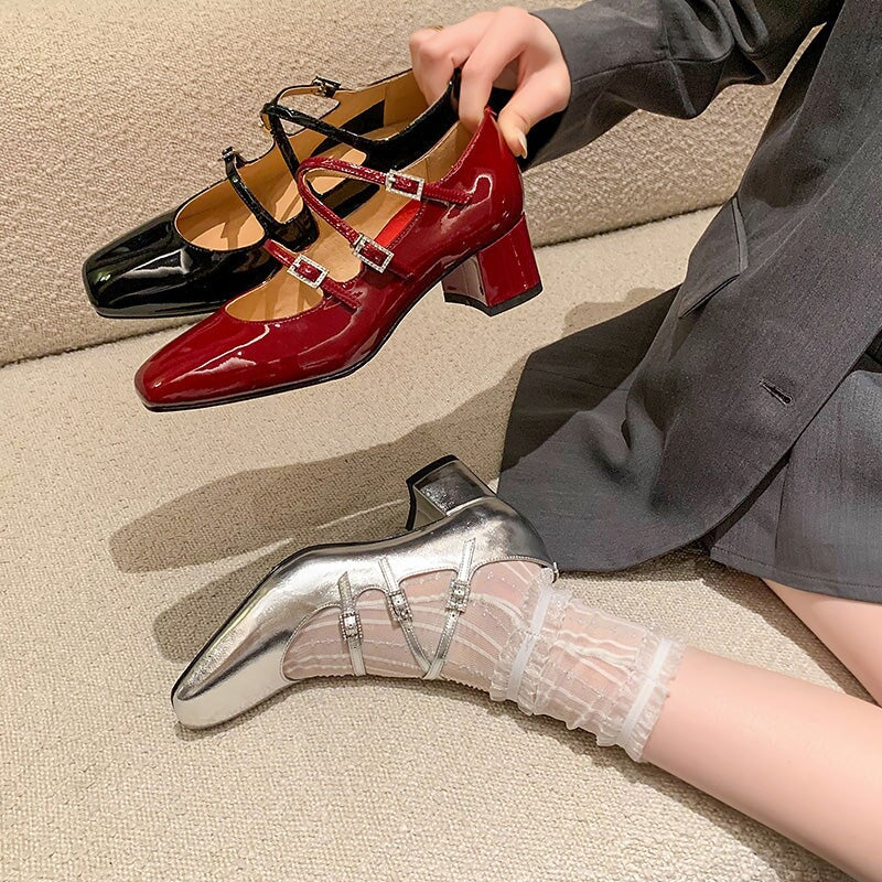Vintage Square Toe Triple-Strap Patent Leather Mary Jane Heels for Women in Red/Black/Silver