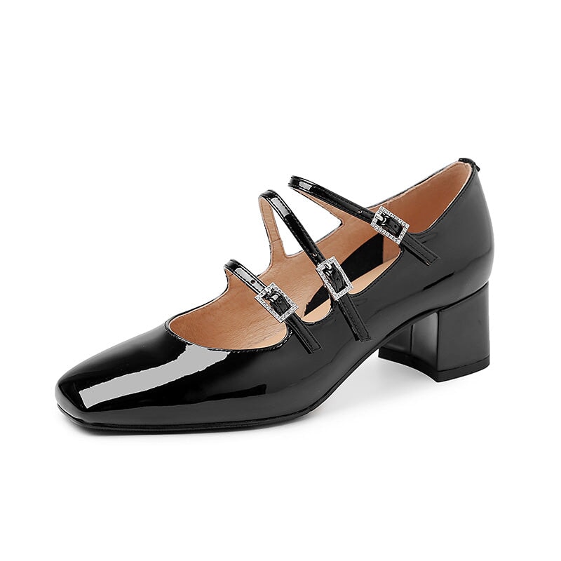 Vintage Square Toe Triple-Strap Patent Leather Mary Jane Heels for Women in Red/Black/Silver
