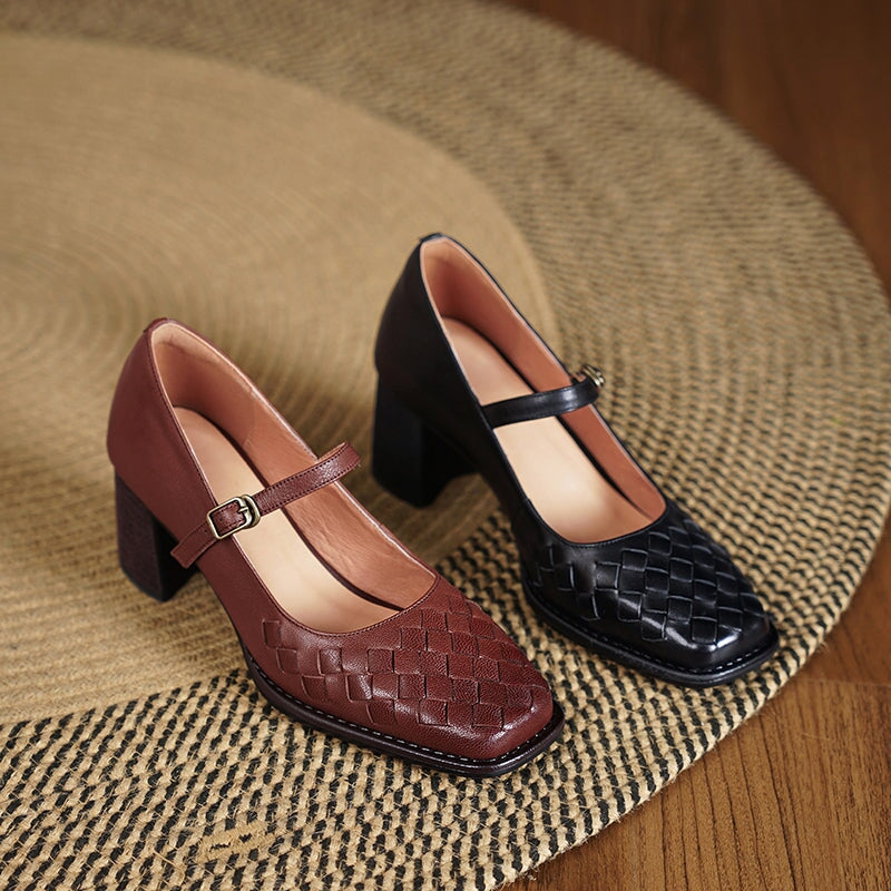 Vintage Square Toe Woven Sheepskin Mary Jane Pumps with Metal Buckle in Black/Brown