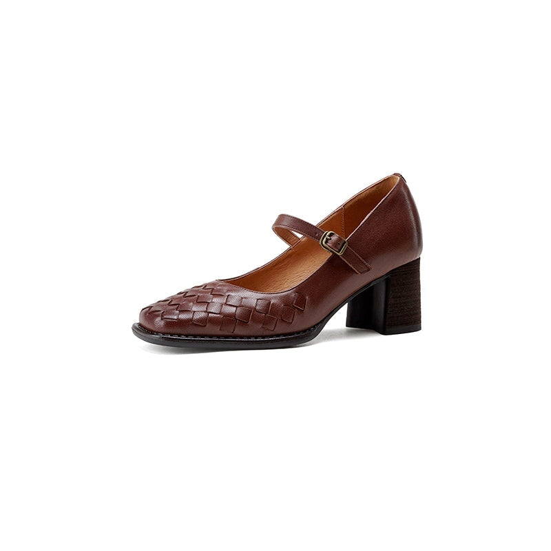 Vintage Square Toe Woven Sheepskin Mary Jane Pumps with Metal Buckle in Black/Brown
