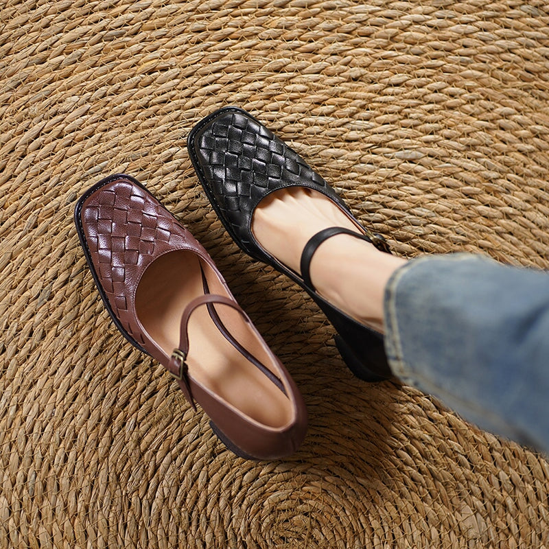 Vintage Square Toe Woven Sheepskin Mary Jane Pumps with Metal Buckle in Black/Brown
