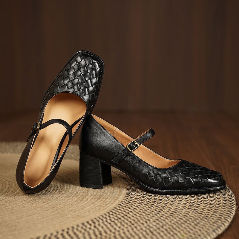 Vintage Square Toe Woven Sheepskin Mary Jane Pumps with Metal Buckle in Black/Brown