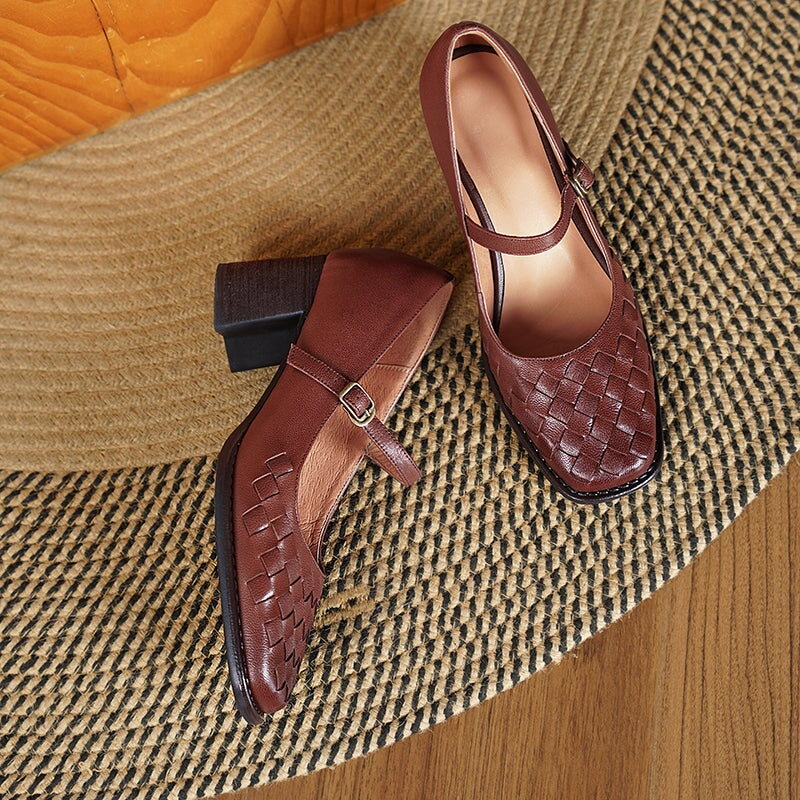 Vintage Square Toe Woven Sheepskin Mary Jane Pumps with Metal Buckle in Black/Brown
